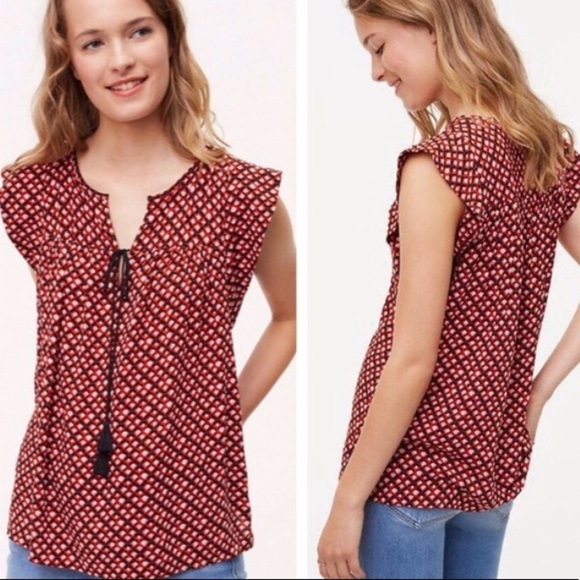 LOFT Amaryllis Tassel Floral Top Size M Red Black - Picture 1 of 4